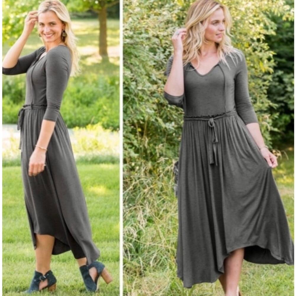 Matilda Jane Go West Gray Jersey Tie Belt Maxi Dress Asymmetrical Hem w/ Pockets
